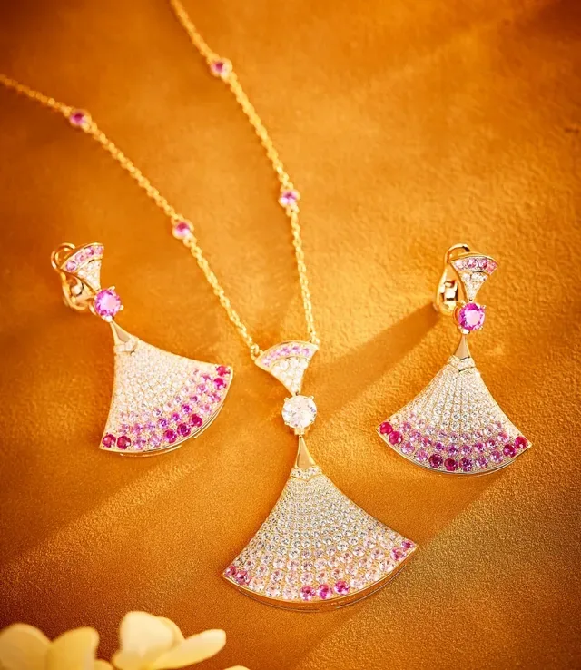 Fan-Shaped Gradient Pink and White Pavé Gemstone Earrings 2