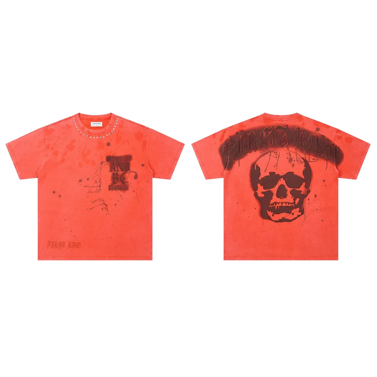 FIRST ROW Distressed Orange Rhinestone-Trimmed Graphic T-Shirt 2