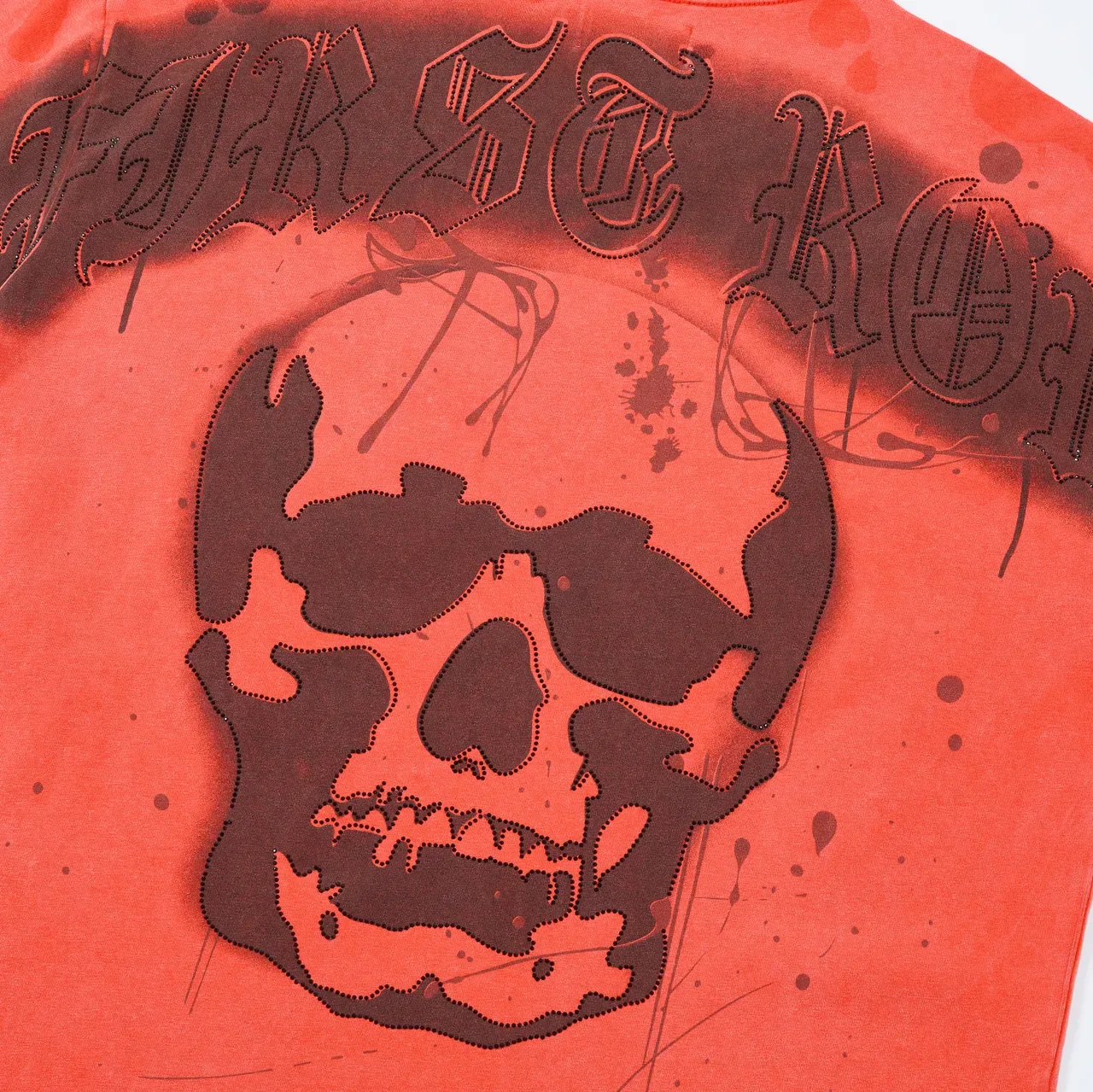 FIRST ROW Distressed Orange Rhinestone-Trimmed Graphic T-Shirt 7