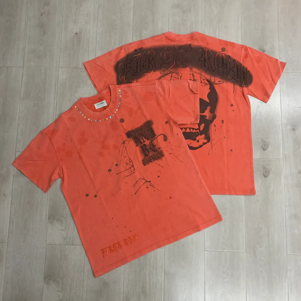 FIRST ROW Distressed Orange Rhinestone-Trimmed Graphic T-Shirt 13