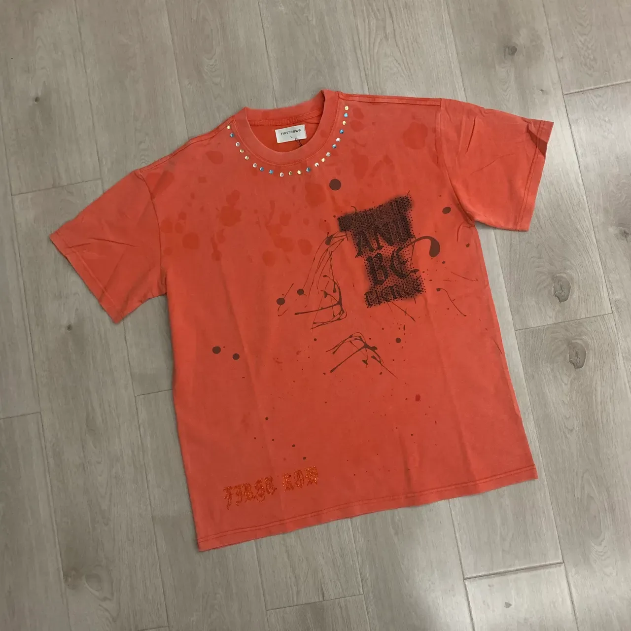 FIRST ROW Distressed Orange Rhinestone-Trimmed Graphic T-Shirt 14