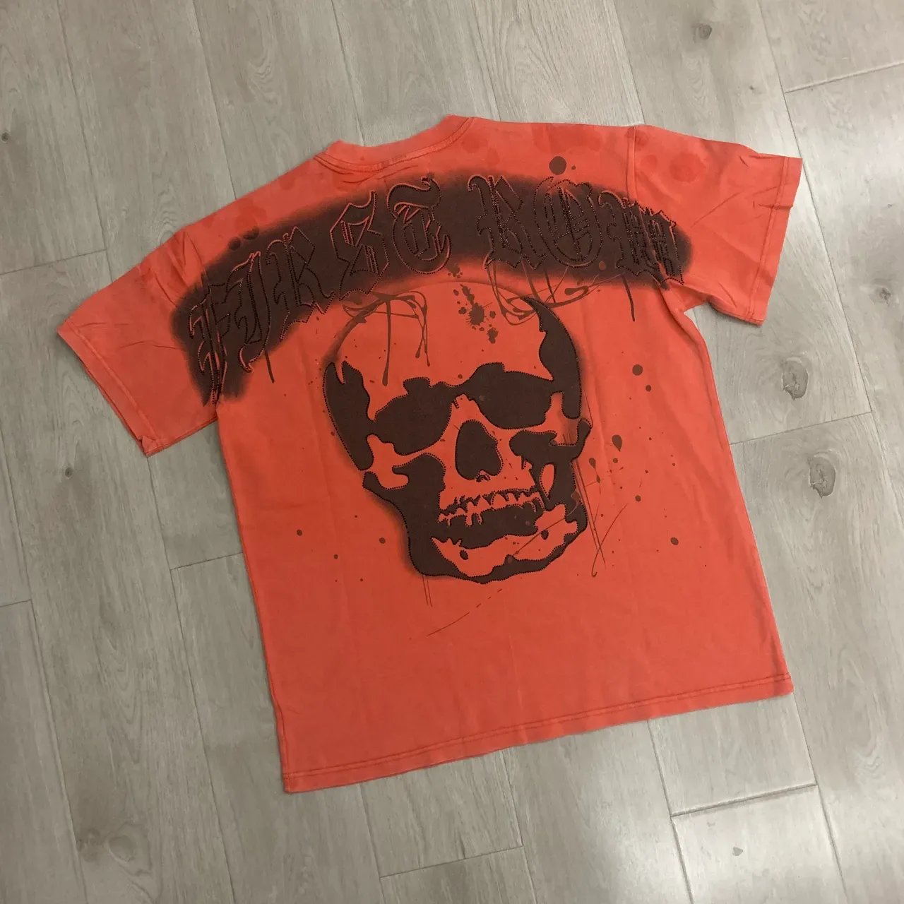 FIRST ROW Distressed Orange Rhinestone-Trimmed Graphic T-Shirt 15