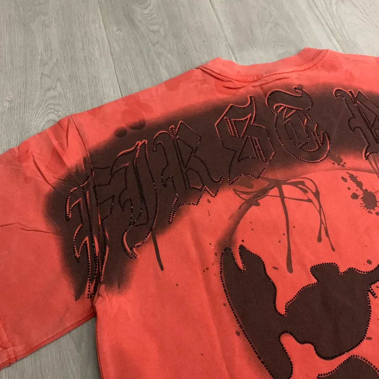 FIRST ROW Distressed Orange Rhinestone-Trimmed Graphic T-Shirt 16