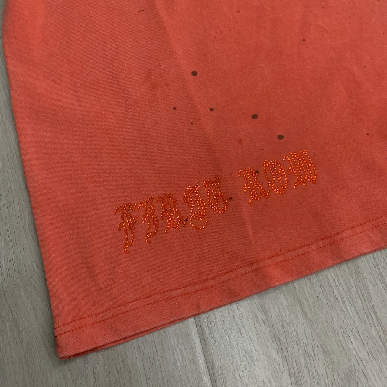 FIRST ROW Distressed Orange Rhinestone-Trimmed Graphic T-Shirt 17