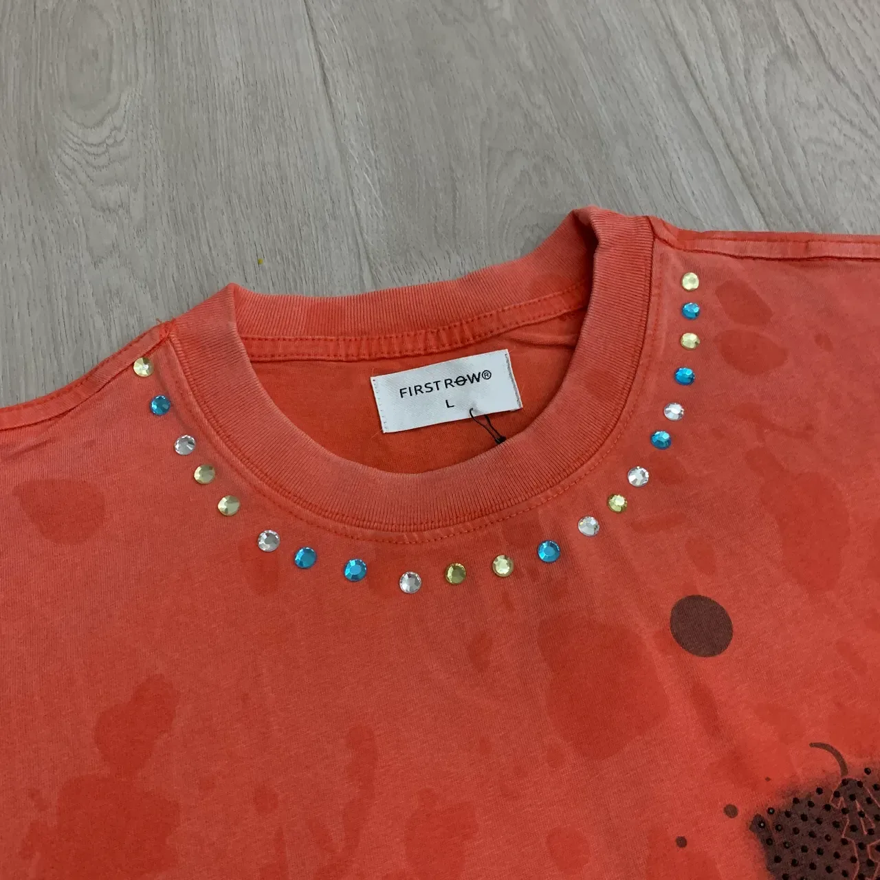 FIRST ROW Distressed Orange Rhinestone-Trimmed Graphic T-Shirt 18