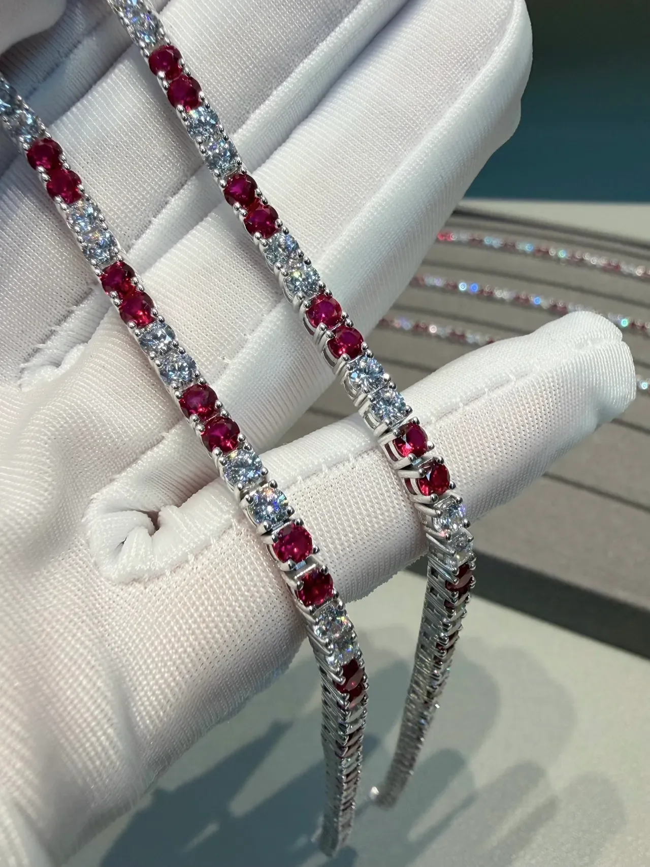 Five-Stone Alternating Diamond and Ruby Channel-Set Ring 7