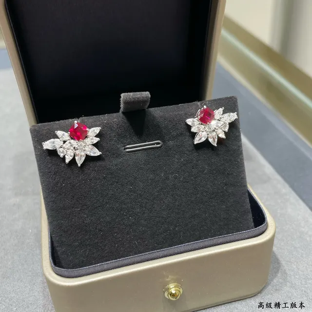 Floral Cluster Cushion Red and Clear Stone Stud Earrings 2