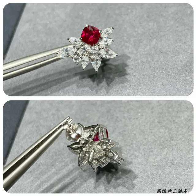 Floral Cluster Cushion Red and Clear Stone Stud Earrings 5