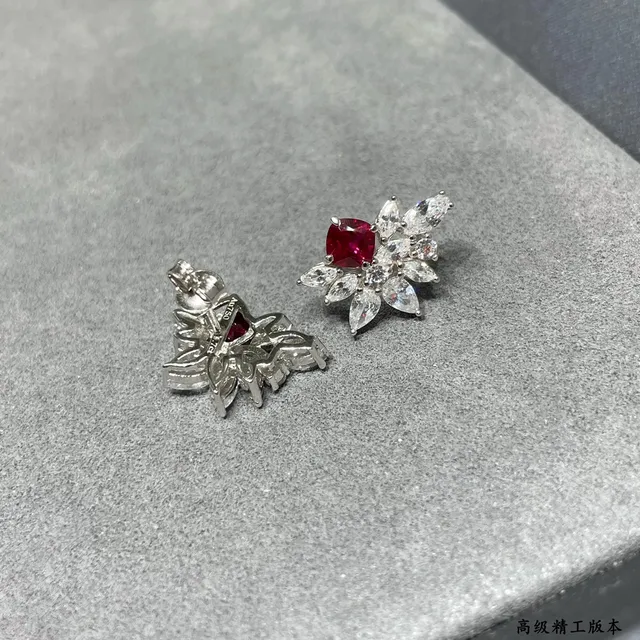 Floral Cluster Cushion Red and Clear Stone Stud Earrings 8