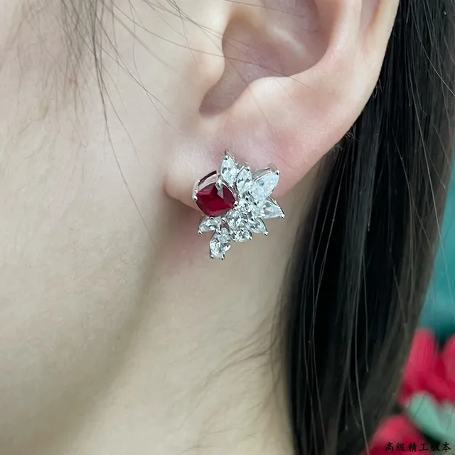 Floral Cluster Cushion Red and Clear Stone Stud Earrings 9