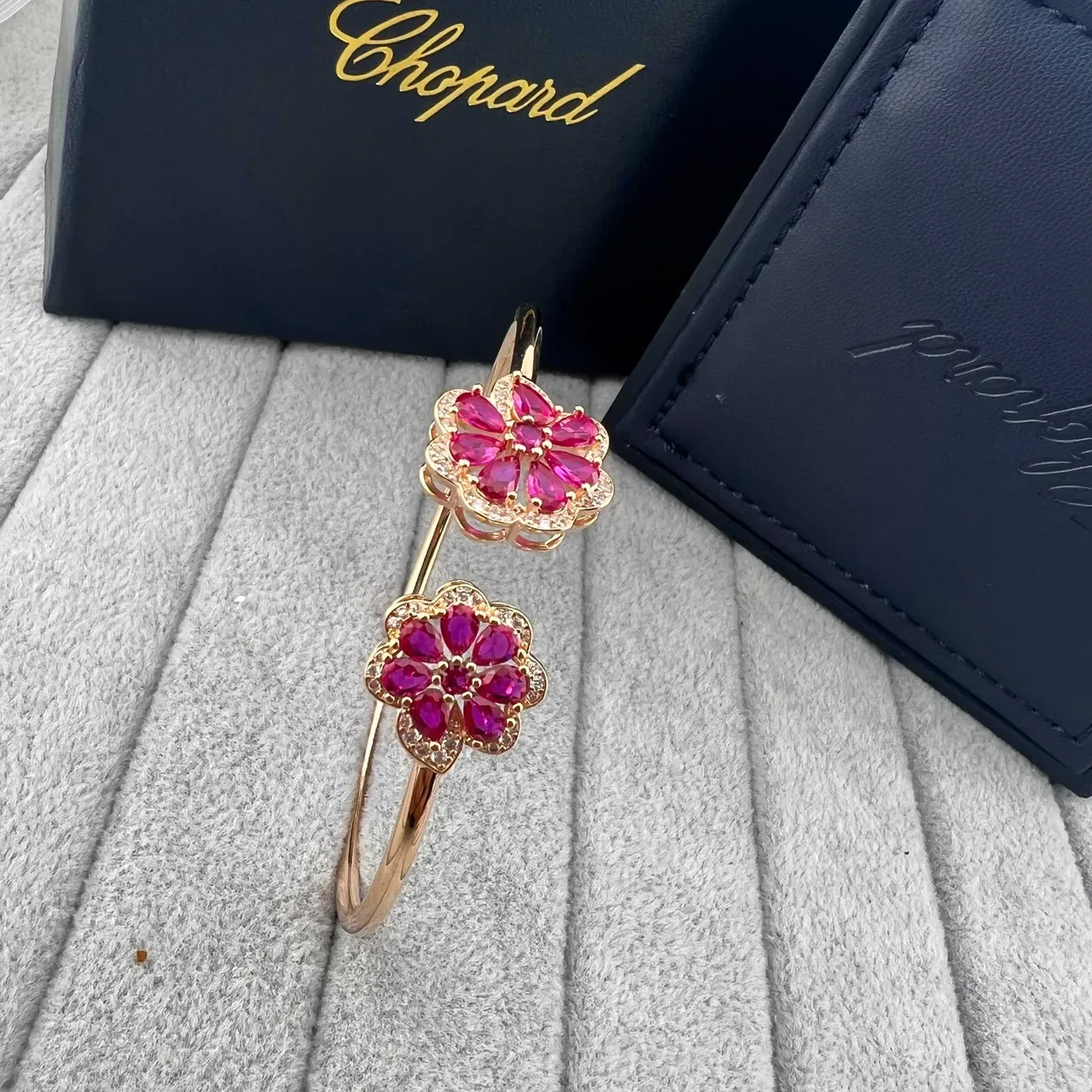 Floral Double-Flower Gemstone Open Bangle Bracelets 4