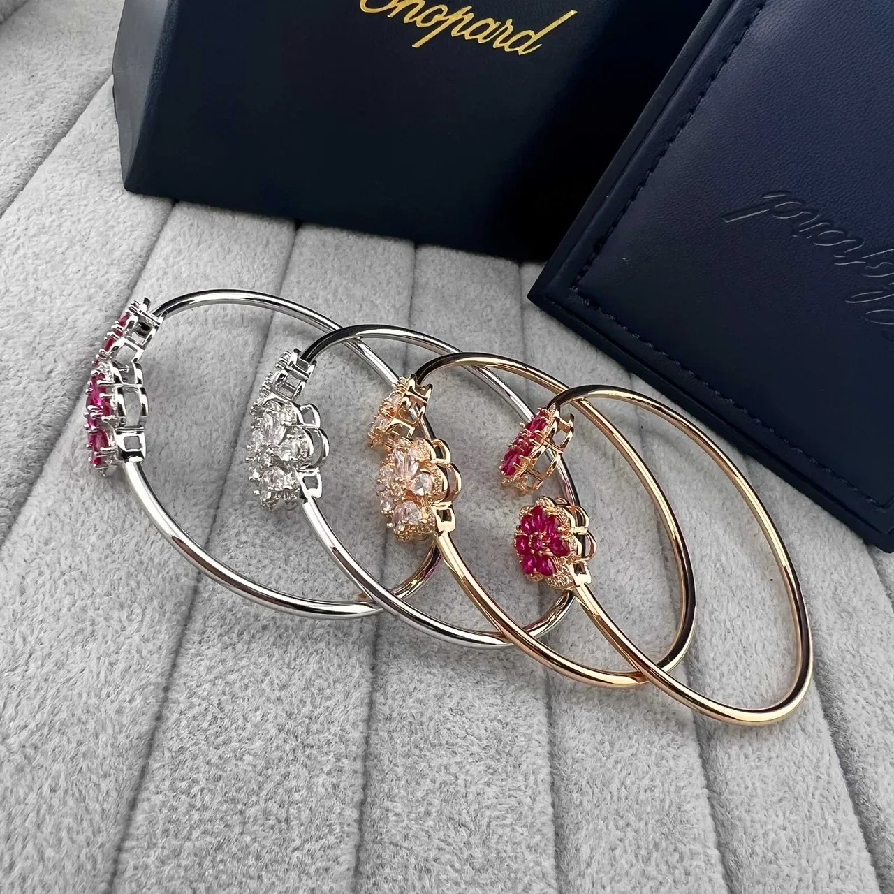 Floral Double-Flower Gemstone Open Bangle Bracelets 6