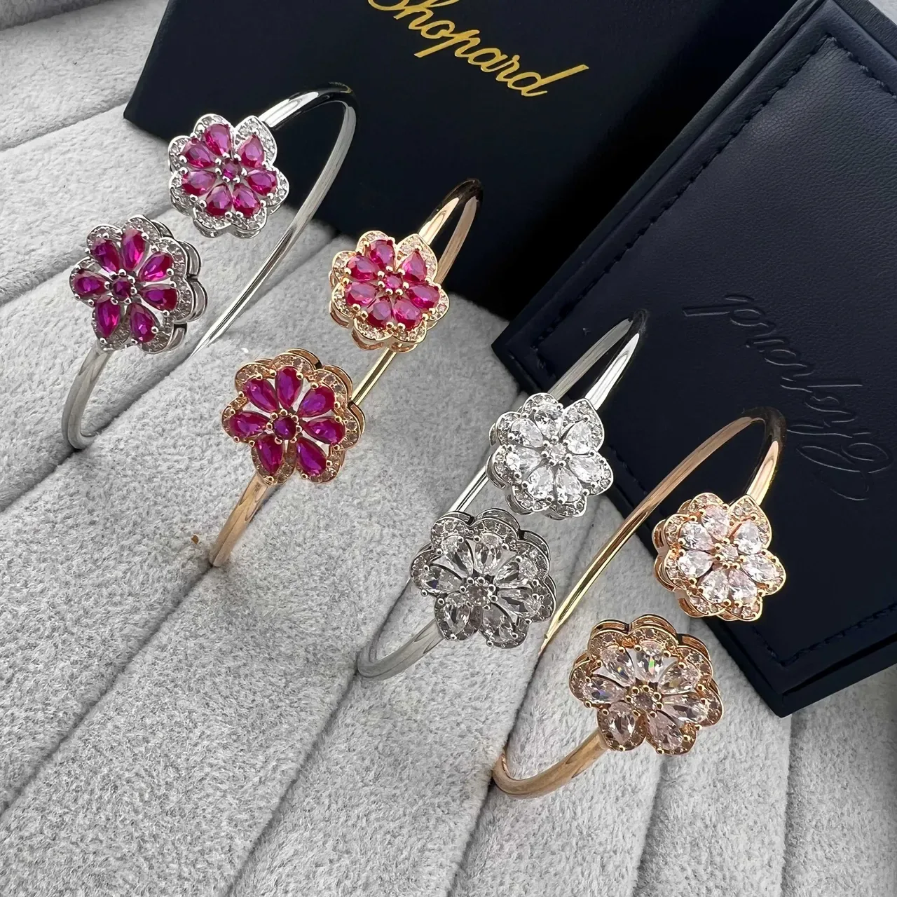 Floral Double-Flower Gemstone Open Bangle Bracelets 7