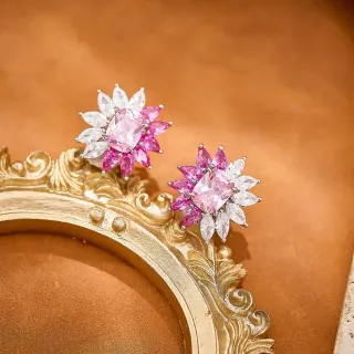 Floral Motif Pink and White Marquise-Cut Stone Stud Earrings
