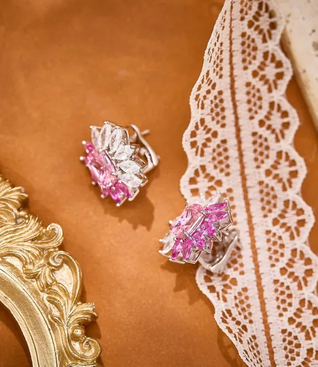 Floral Motif Pink and White Marquise-Cut Stone Stud Earrings 2