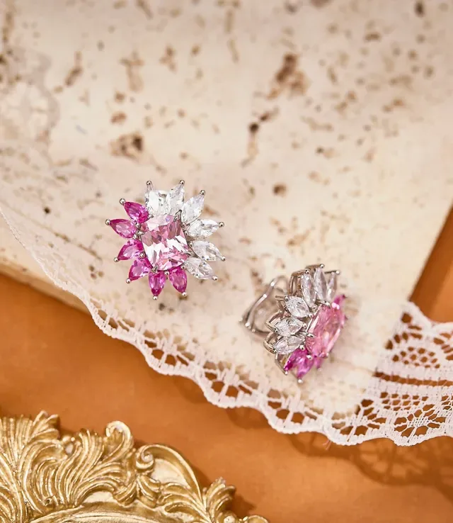 Floral Motif Pink and White Marquise-Cut Stone Stud Earrings 3