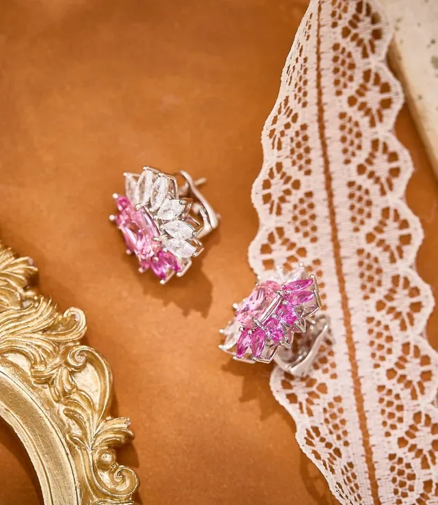 Floral Motif Pink and White Marquise-Cut Stone Stud Earrings 4