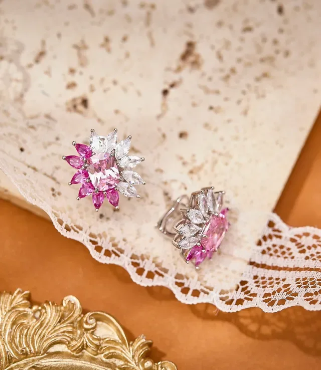 Floral Motif Pink and White Marquise-Cut Stone Stud Earrings 5