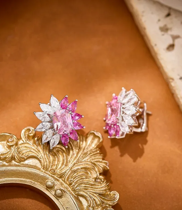 Floral Motif Pink and White Marquise-Cut Stone Stud Earrings 6