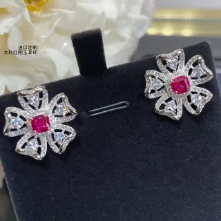 Floral Pavé-Set Square Red Gem Stud Earrings