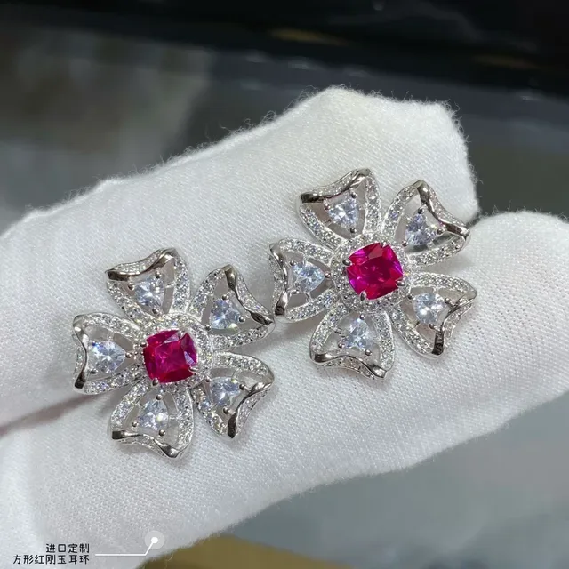 Floral Pavé-Set Square Red Gem Stud Earrings 4
