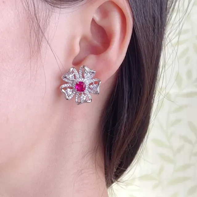 Floral Pavé-Set Square Red Gem Stud Earrings 5