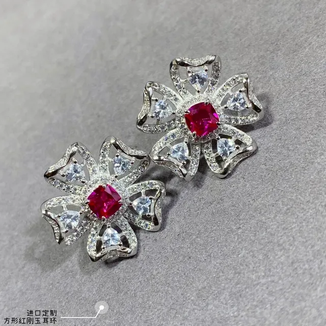 Floral Pavé-Set Square Red Gem Stud Earrings 6