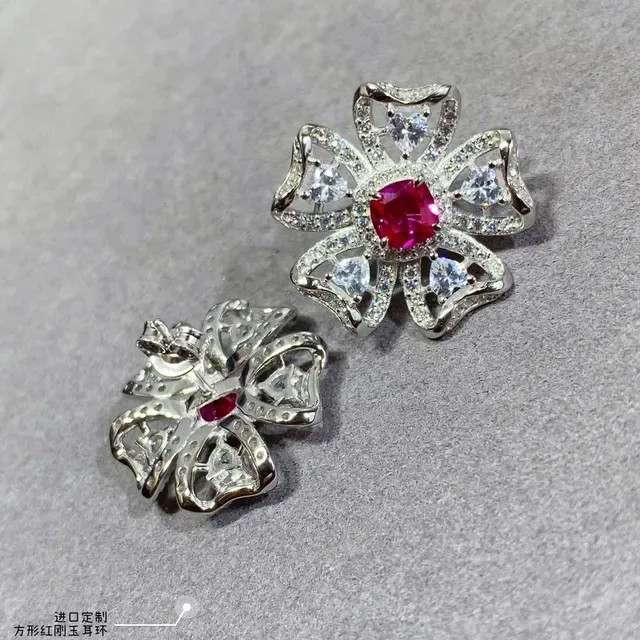Floral Pavé-Set Square Red Gem Stud Earrings 7