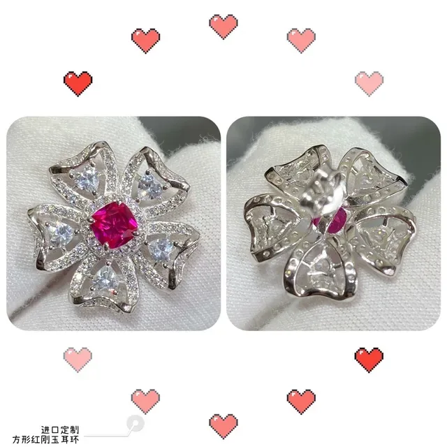 Floral Pavé-Set Square Red Gem Stud Earrings 8