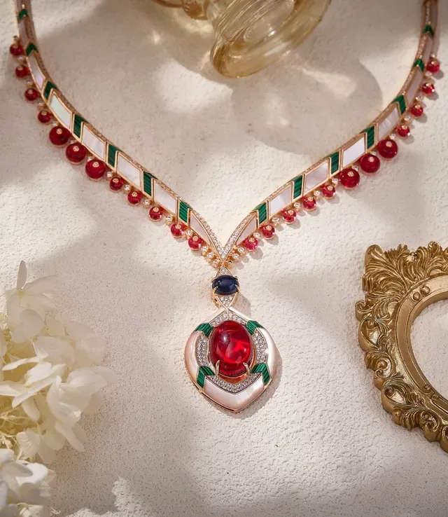 Geometric Enamel and Cabochon Gemstone Pendant Necklace 2