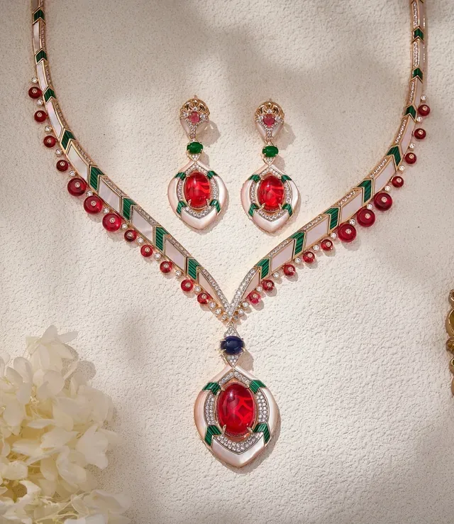 Geometric Enamel and Cabochon Gemstone Pendant Necklace 3