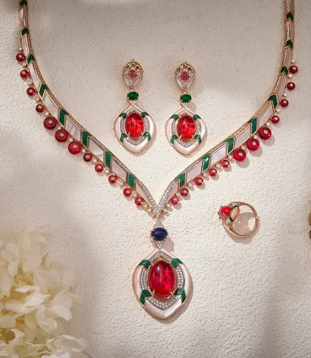 Geometric Enamel and Cabochon Gemstone Pendant Necklace 4