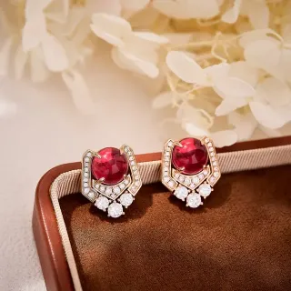 Geometric Halo Red Gemstone and Pavé Diamond Earrings