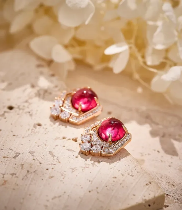 Geometric Halo Red Gemstone and Pavé Diamond Earrings 2