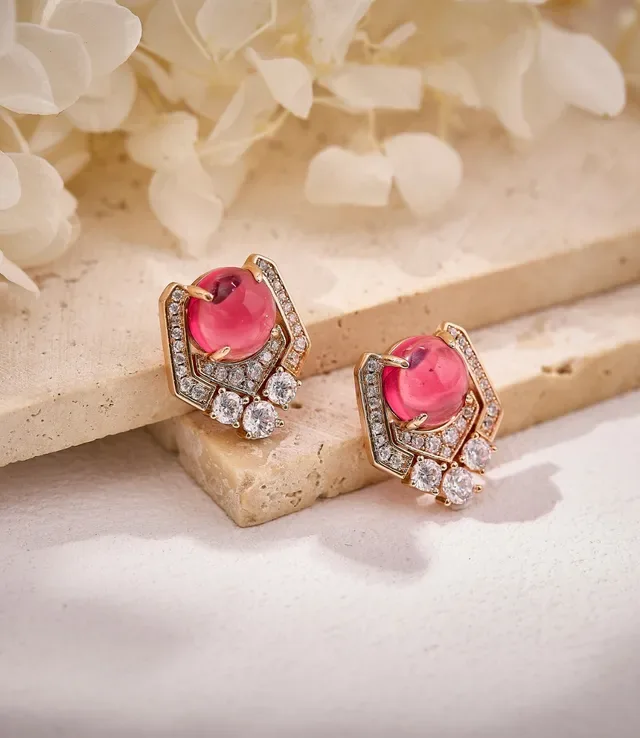 Geometric Halo Red Gemstone and Pavé Diamond Earrings 4