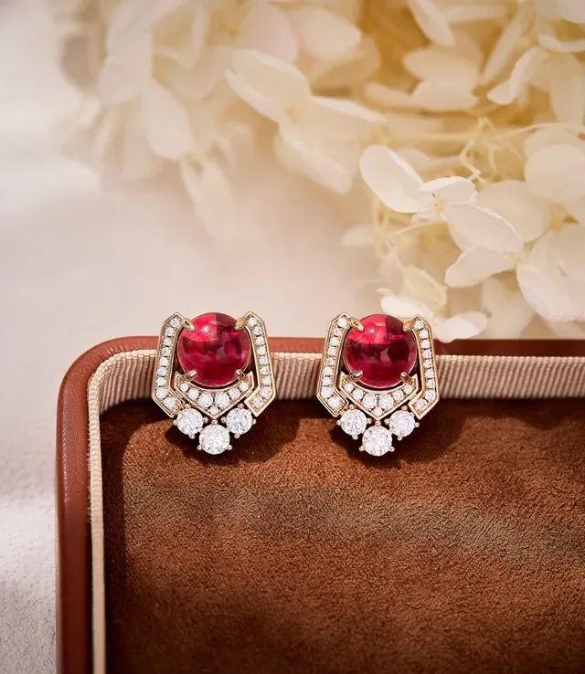 Geometric Halo Red Gemstone and Pavé Diamond Earrings 5