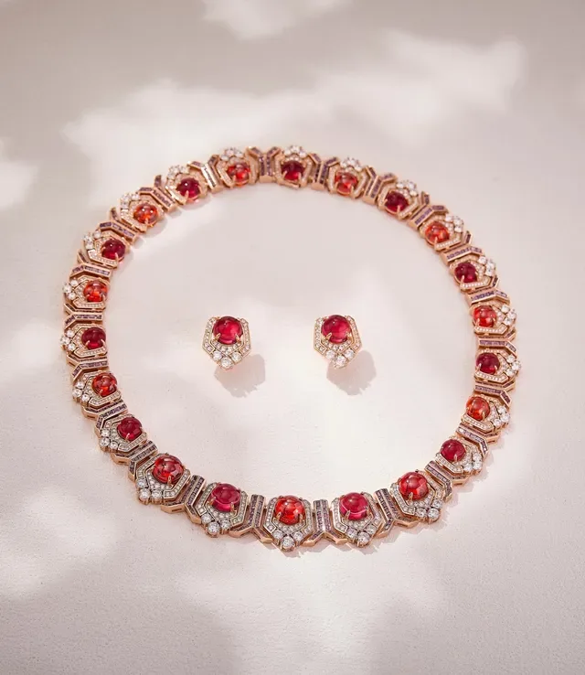 Geometric Halo Red Gemstone and Pavé Diamond Earrings 6