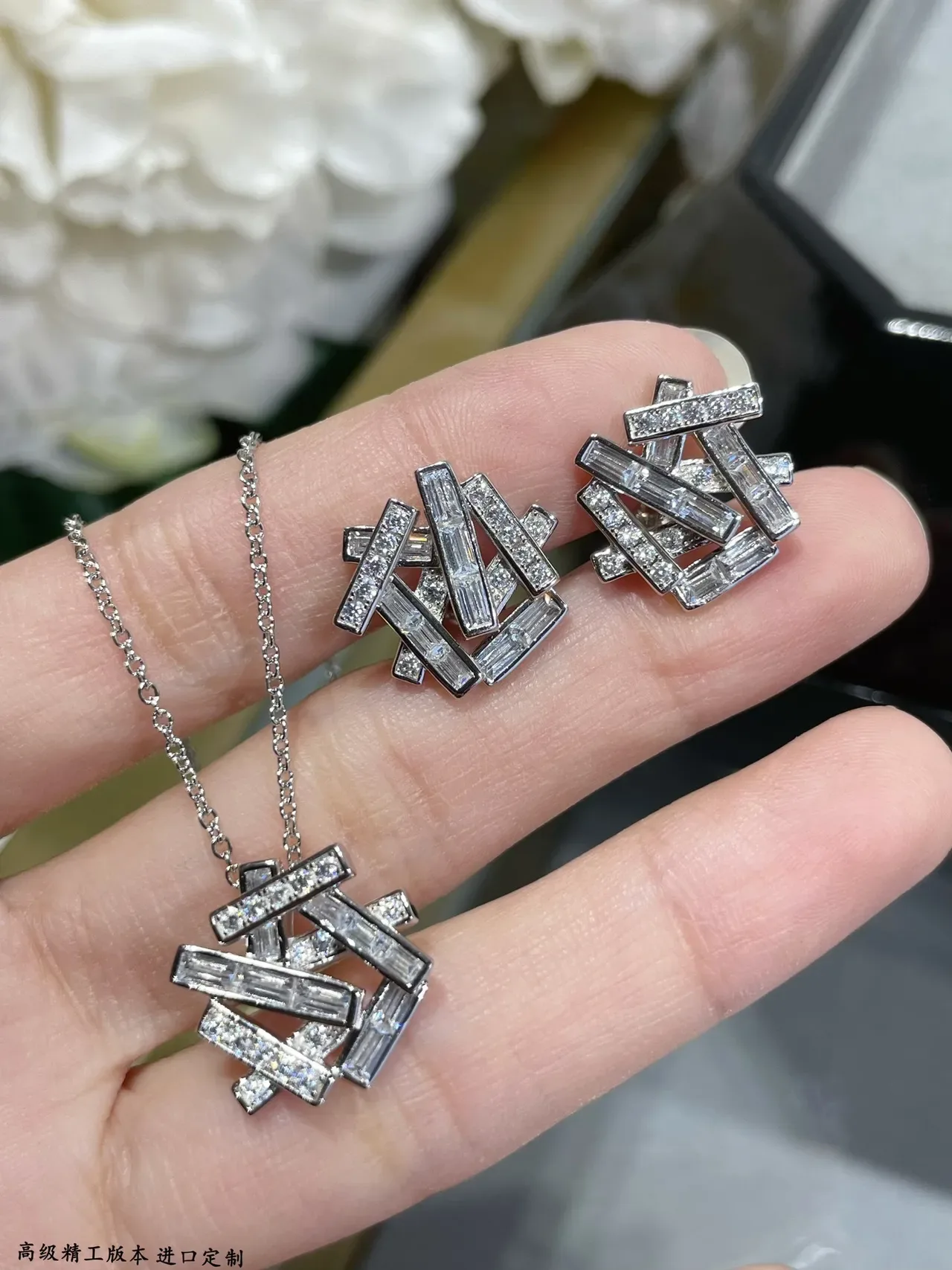 Geometric Layered Baguette Stone Pendant Necklace 2