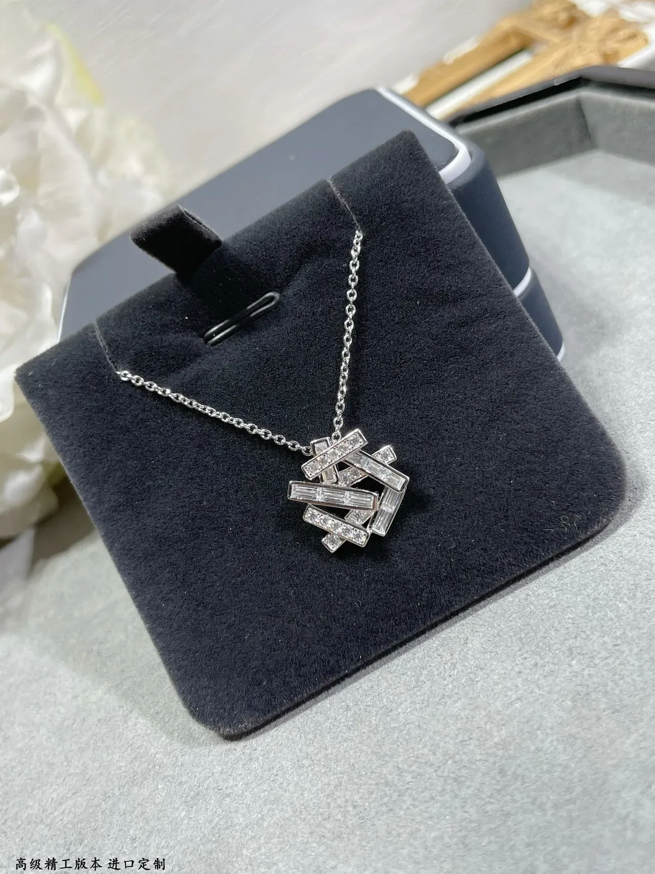 Geometric Layered Baguette Stone Pendant Necklace 6