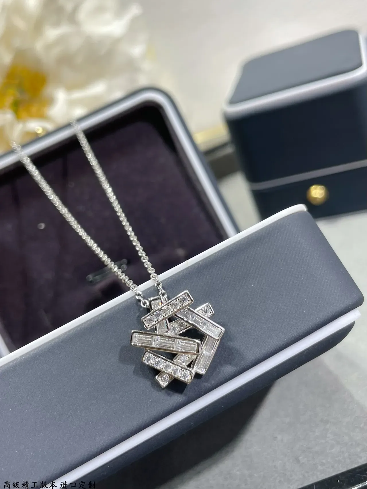 Geometric Layered Baguette Stone Pendant Necklace 7