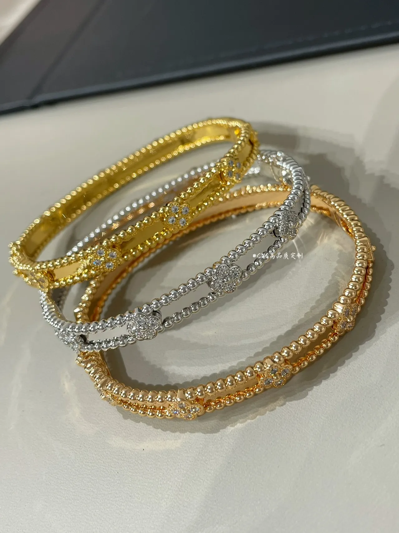 Gold and Silver Tone Beaded Pavé Floral Bangle Bracelets 9