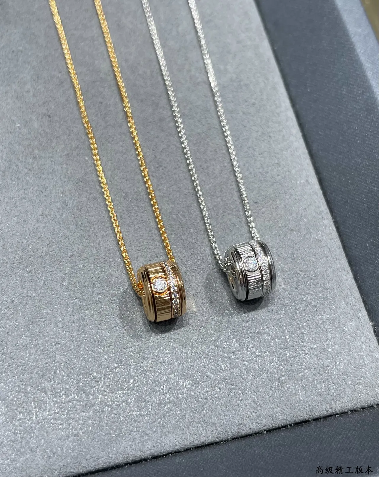 Gold and Silver Tone Cylindrical Pavé Charm Necklaces 3