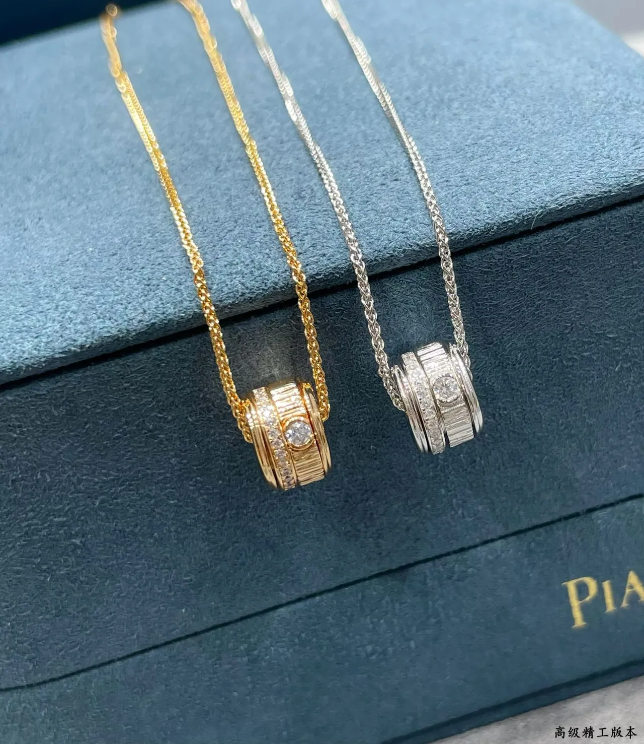 Gold and Silver Tone Cylindrical Pavé Charm Necklaces 5