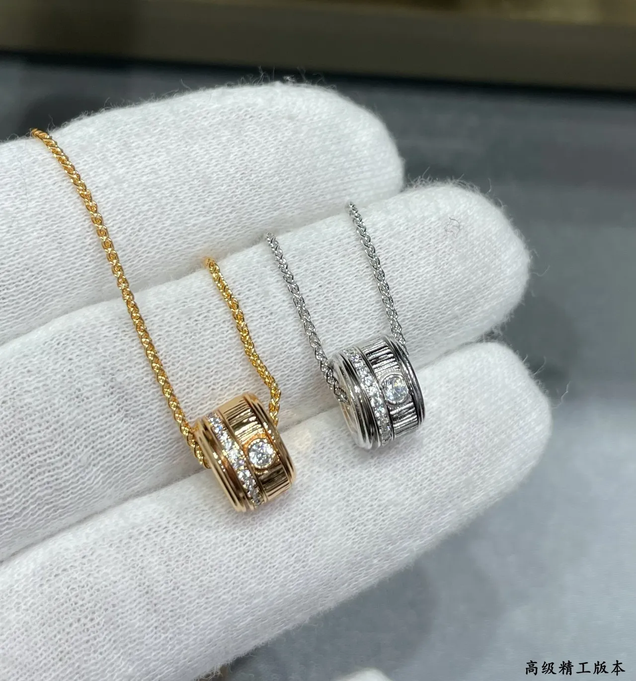 Gold and Silver Tone Cylindrical Pavé Charm Necklaces 8