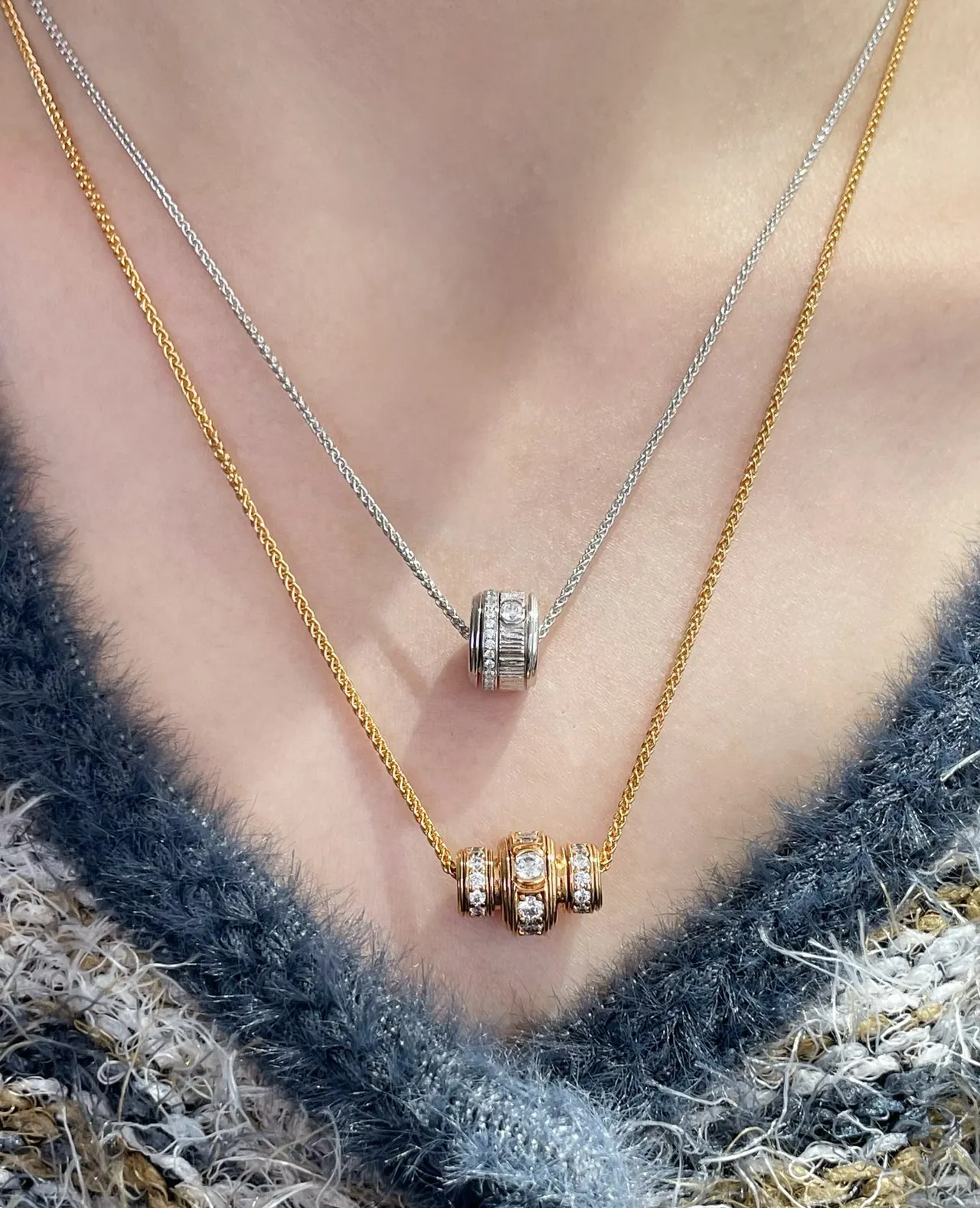 Gold and Silver Tone Cylindrical Pavé Charm Necklaces 9