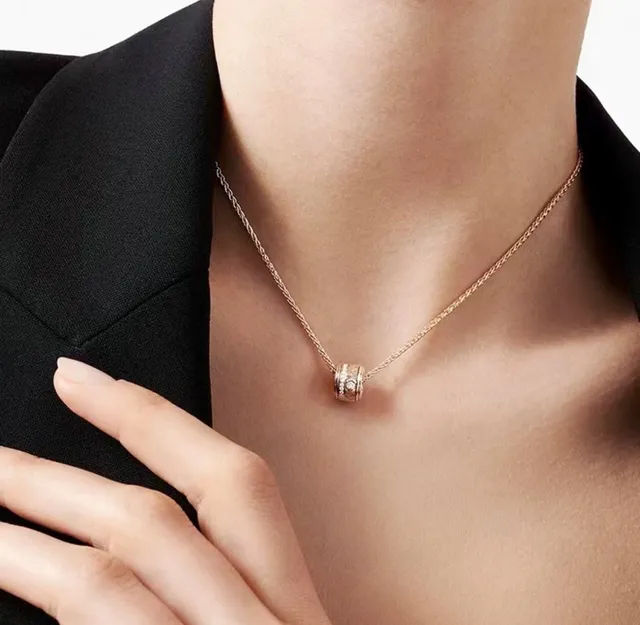 Gold and Silver Tone Cylindrical Pavé Charm Necklaces 2