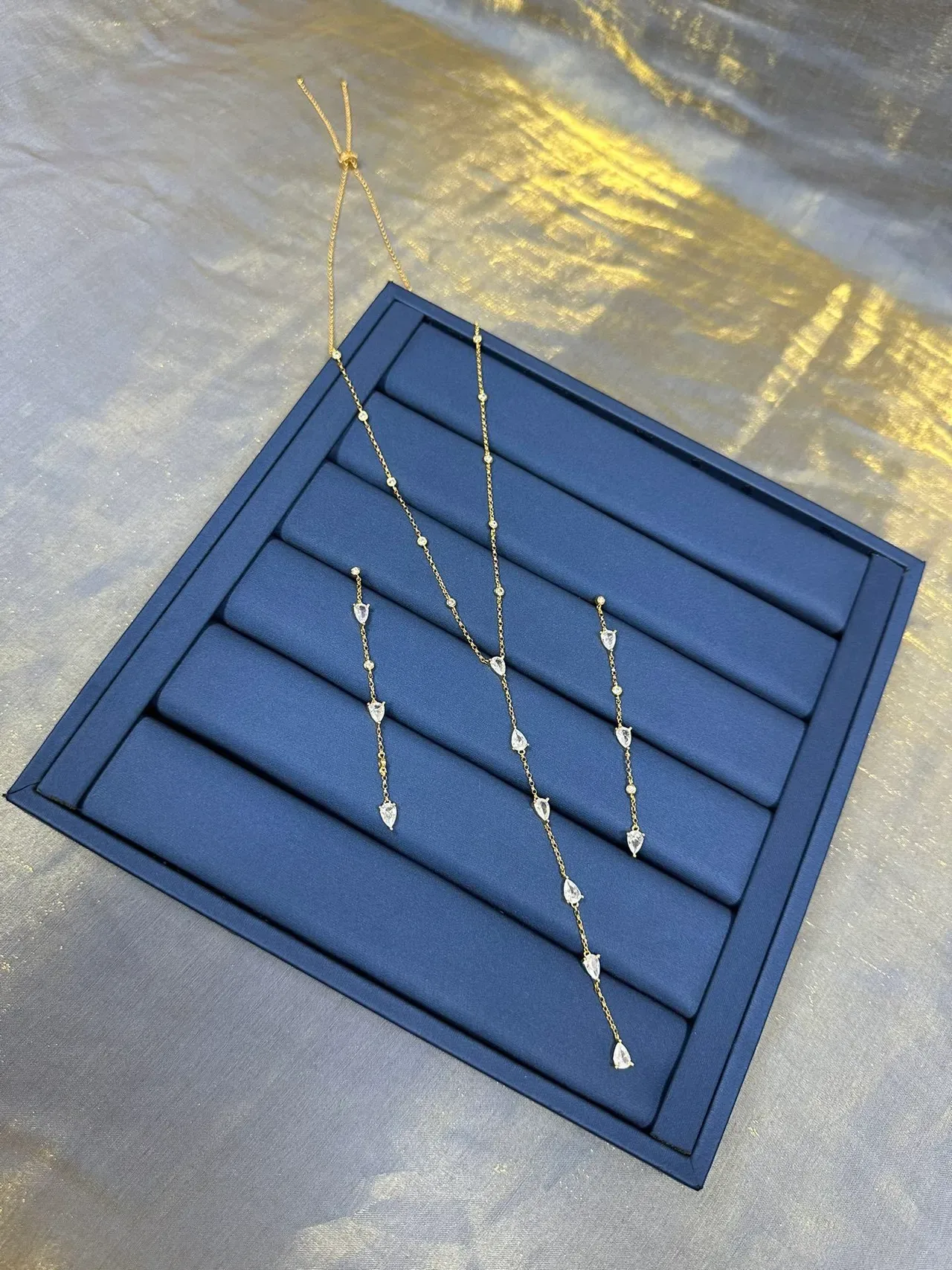 Gold Blue Chain Y-Drop Lariat Necklace 6