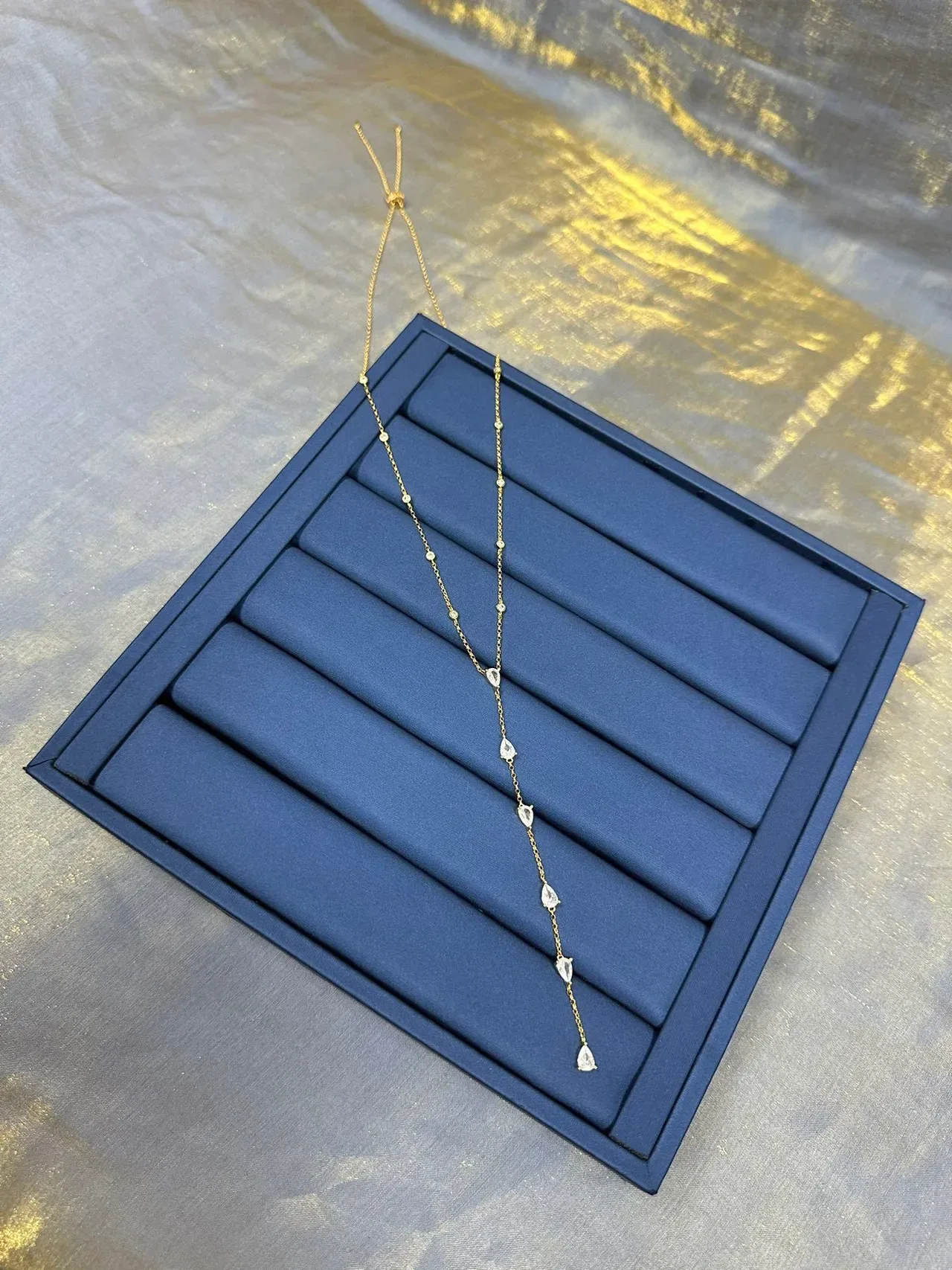 Gold Blue Chain Y-Drop Lariat Necklace 7