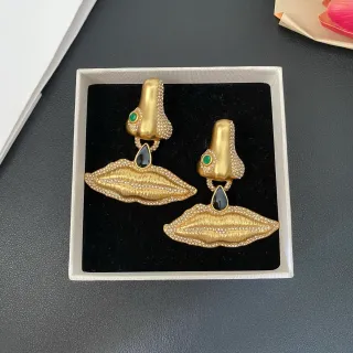 Gold Green Figurative Nose-and-Lips Motif Pavé Crystal Embellishment Earrings