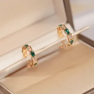 Gold Green Hinged Hoop Rectangular Stone Inlay Earrings